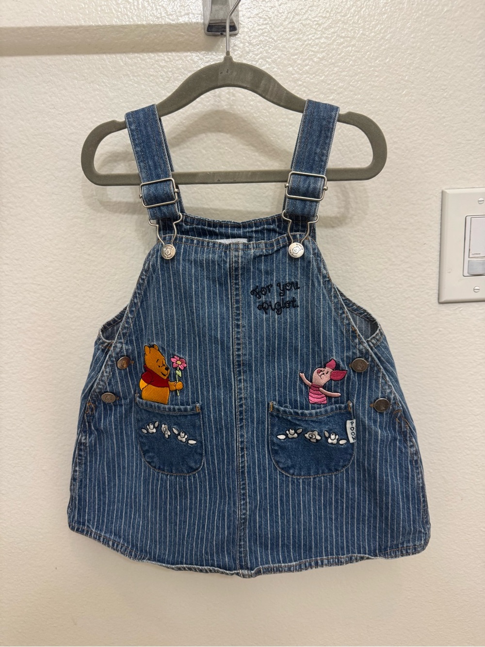 Winnie the Pooh Denim Pinstripe Kids Overall Dress - Blue